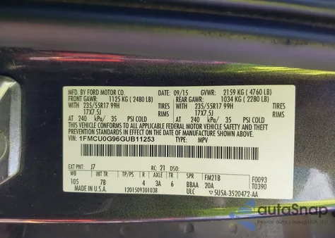 2016 Ford Escape Se from USA, damaged, VIN 1FMCU0G96GUB11253